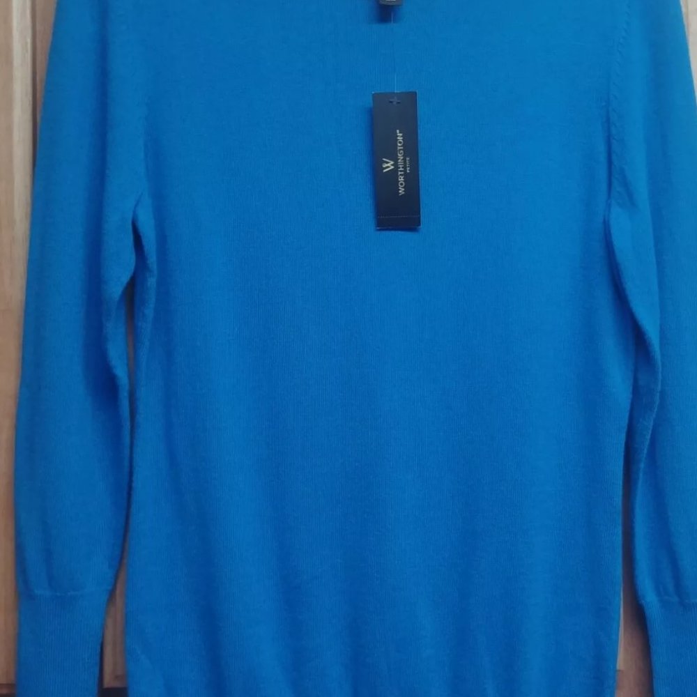 NWT Worthington Ladies Blue Crew Neck Sweater Long Sleeve Petite Small Lt.Weight